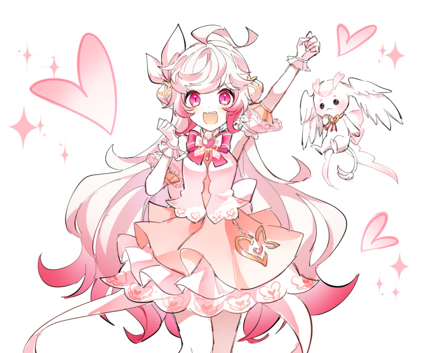 :3 :d ahoge back_bow bare_shoulders bow bowtie clenched_hand commentary cowboy_shot creature detached_sleeves elsword female gradient_hair hair_down head_wings heart laby_(elsword) long_hair looking_at_viewer mulook multicolored_hair outstretched_arm pink_bow pink_bowtie pink_eyes pink_hair pink_skirt pink_theme puffy_short_sleeves puffy_sleeves radiant_soul_(elsword) sharp_teeth shirt short_sleeves sidelocks simple_background skirt smile solo tail teeth very_long_hair white_background white_hair white_shirt wings