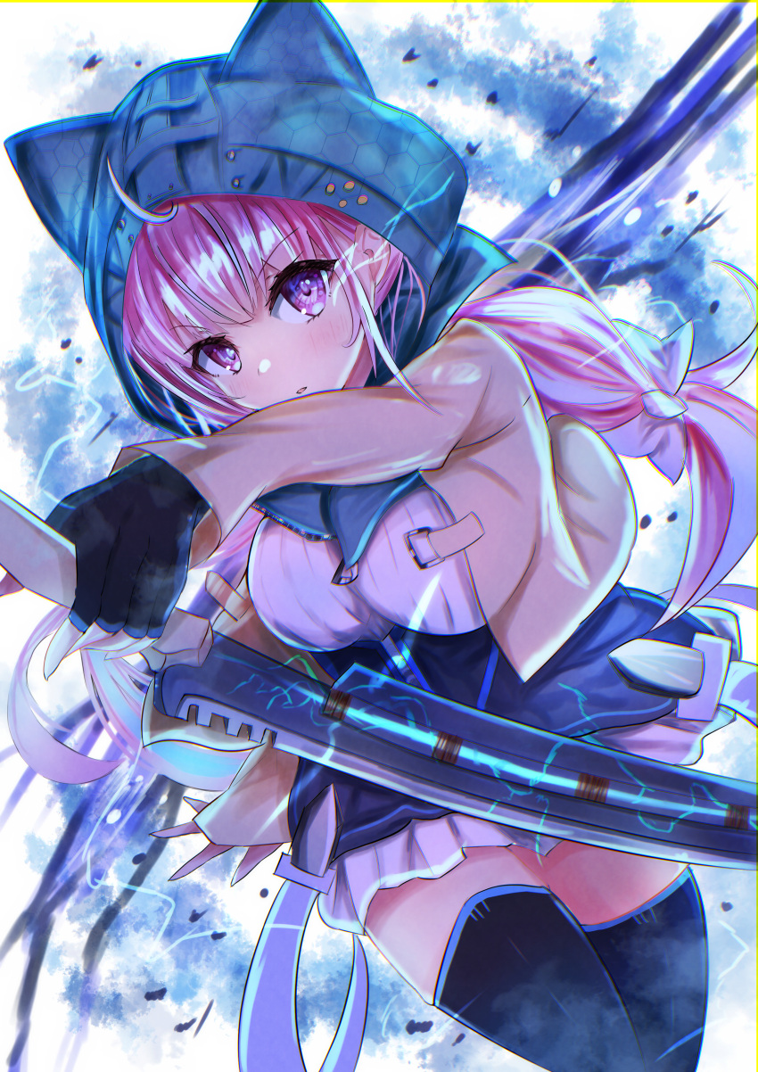 absurdres apex_legends ash_(titanfall_2) ash_(titanfall_2)_(cosplay) beige_jacket black_gloves blue_skirt bow breasts cosplay electricity female floating_hair gloves hairbow highres holding holding_sword holding_weapon hololive hood hood_up long_hair medium_breasts minato_aqua minato_aqua_(sailor) official_alternate_costume pink_hair portal_(object) purple_eyes skirt solo soma443 sword thighhighs v-shaped_eyebrows virtual_youtuber weapon white_bow