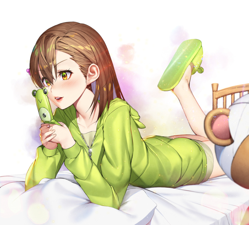 :> animal animal_print bed bed_sheet blush brown_eyes brown_hair cellphone commentary eyes_visible_through_hair female frog frog_print gekota green_footwear green_hoodie green_shorts hair_between_eyes hair_over_one_eye highres holding holding_phone hood hoodie indoors kill_bear legs_up light_blush lips long_sleeves looking_at_phone lying medium_hair migu_(iws2525) misaka_mikoto on_bed on_stomach pants phone pink_lips shirt short_shorts shorts slippers solo stuffed_animal stuffed_toy symbol-only_commentary teddy_bear teeth the_pose toaru_kagaku_no_railgun toaru_majutsu_no_index upper_teeth_only v-shaped_eyebrows zipper zipper_pull_tab