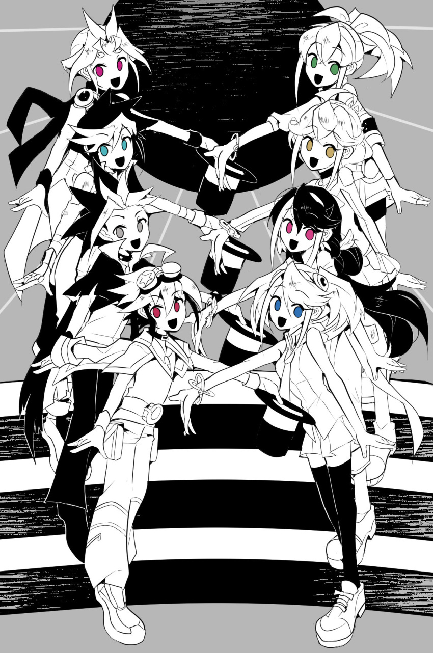 4boys 4girls bracelet bracelet_girls greyscale hat highres hiiragi_yuzu jewelry kurosaki_ruri long_hair looking_at_viewer monochrome multiple_boys multiple_girls no_pupils rin_(yu-gi-oh!) sakaki_yuya serena_(yu-gi-oh!) smile spot_color symmetry tasutekete top_hat yu-gi-oh! yu-gi-oh!_arc-v yuugo_(yu-gi-oh!) yuuri_(yu-gi-oh!) yuuto_(yu-gi-oh!)