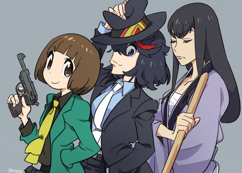 3girls arsene_lupin_iii arsene_lupin_iii_(cosplay) black_jacket black_shirt blue_eyes blue_shirt breasts brown_eyes brown_hair closed_eyes closed_mouth commission cosplay crossed_arms green_jacket gun gyosone hand_in_pocket handgun hat holding holding_weapon ishikawa_goemon_xiii ishikawa_goemon_xiii_(cosplay) jacket japanese_clothes jigen_daisuke jigen_daisuke_(cosplay) kill_la_kill kiryuuin_satsuki large_breasts lupin_iii mankanshoku_mako matoi_ryuuko medium_breasts multiple_girls necktie sarashi senketsu sheath sheathed shirt smile thick_eyebrows walther walther_p38 weapon