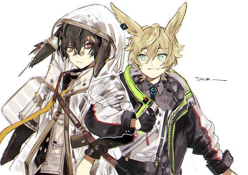 2boys animal_ears arknights ayerscarpe_(arknights) bag bandaid bandaid_on_face bandaid_on_nose bishounen black_gloves blonde_hair closed_mouth ear_tag frown gloves hair_between_eyes hood hood_up jacket leonhardt_(arknights) locked_arms long_sleeves male_focus multiple_boys nakayama_miyuki rabbit_boy rabbit_ears see-through simple_background white_background