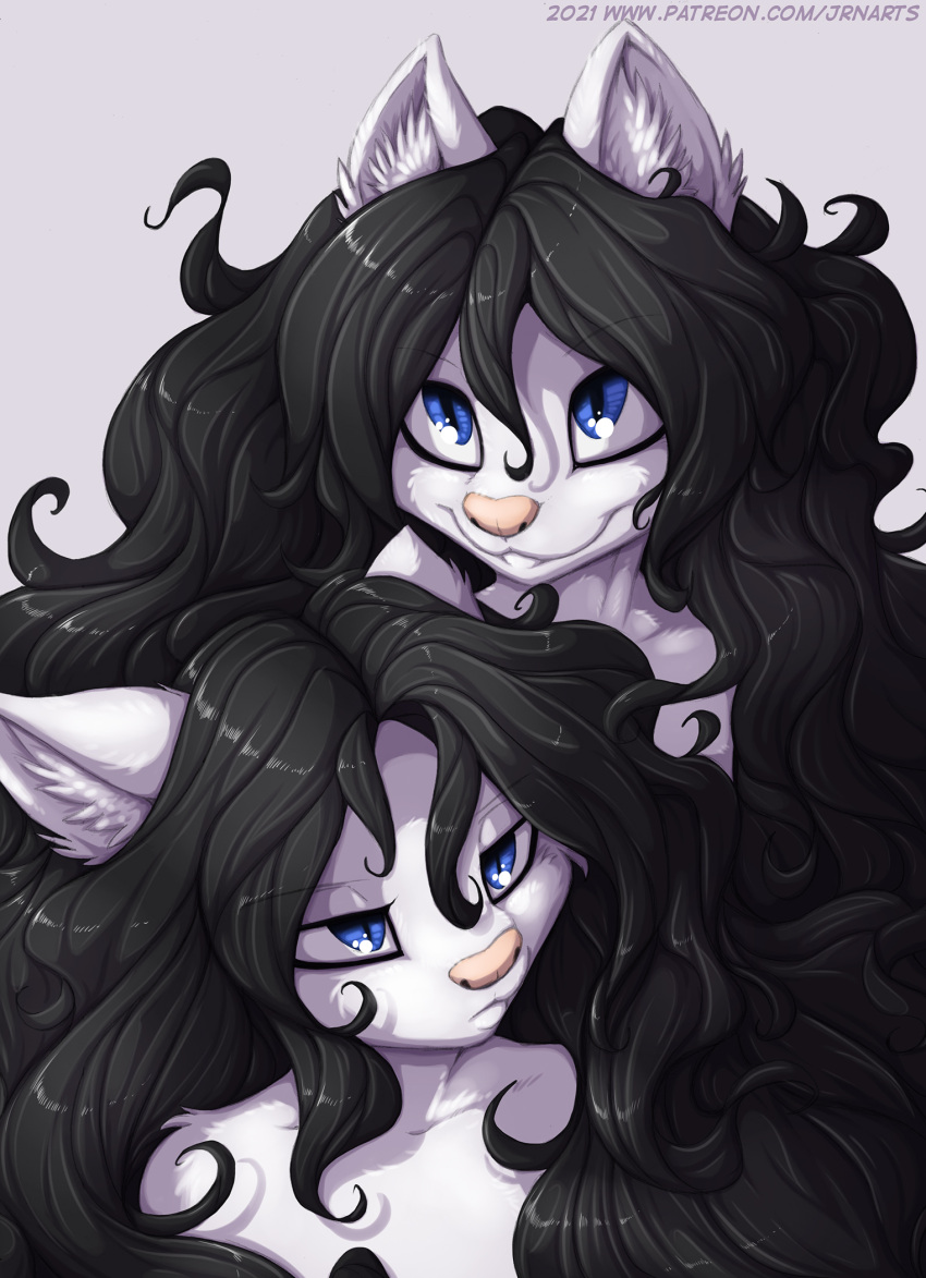 2021 anthro bethany_(jay_naylor) black_hair blue_eyes conditional_dnp domestic_cat felid feline felis female frown fur hair hi_res inner_ear_fluff jay_naylor long_hair mammal smile solo tuft white_body white_fur