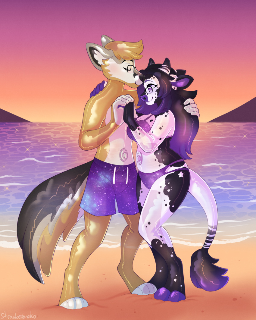 animate_inanimate beach canid canine canis clothing duo eyewear female glasses hi_res inflatable kissing living_inflatable male mammal seaside strawberryneko sunset swimwear wolf