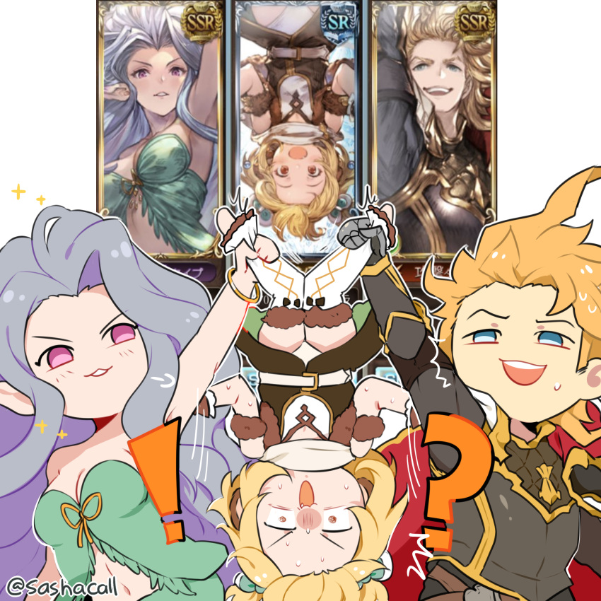 1boy 2girls ? ahoge andira_(granblue_fantasy) animal_ears blonde_hair blue_eyes erune gauntlets gloves granblue_fantasy grey_hair highres long_hair midriff multiple_girls navel nervous open_mouth pink_hair sashacall seofon_(granblue_fantasy) short_twintails smile sweat tiamat_(granblue_fantasy) twintails twitter_username upside-down