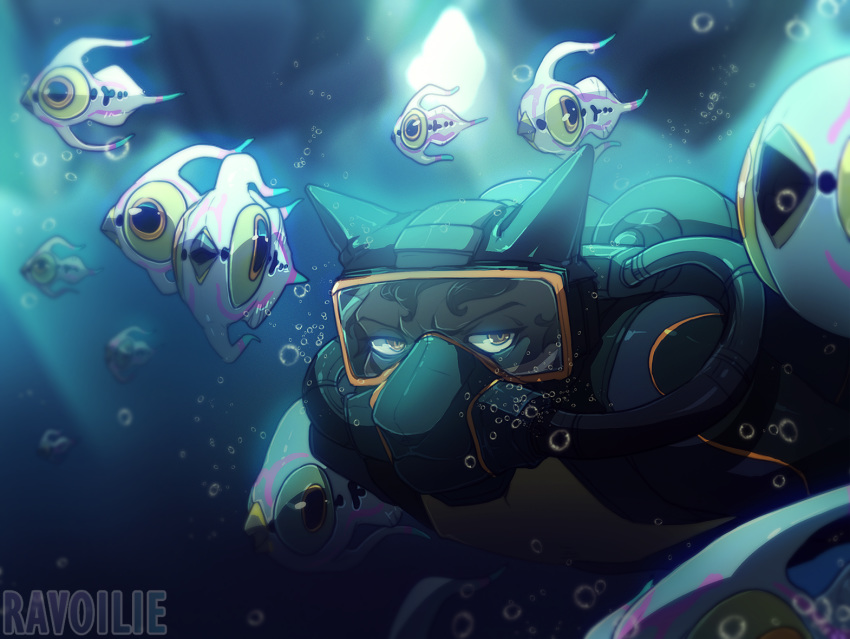 2020 anthro arctic_peeper_(subnautica) brown_eyes digital_media_(artwork) diving_mask felid feline feral fish group krymson lynx male mammal marine mask peeper_(subnautica) ravoilie scuba scuba_diver scuba_gear scuba_tank signature subnautica subnautica_below_zero underwater unknown_worlds_entertainment water