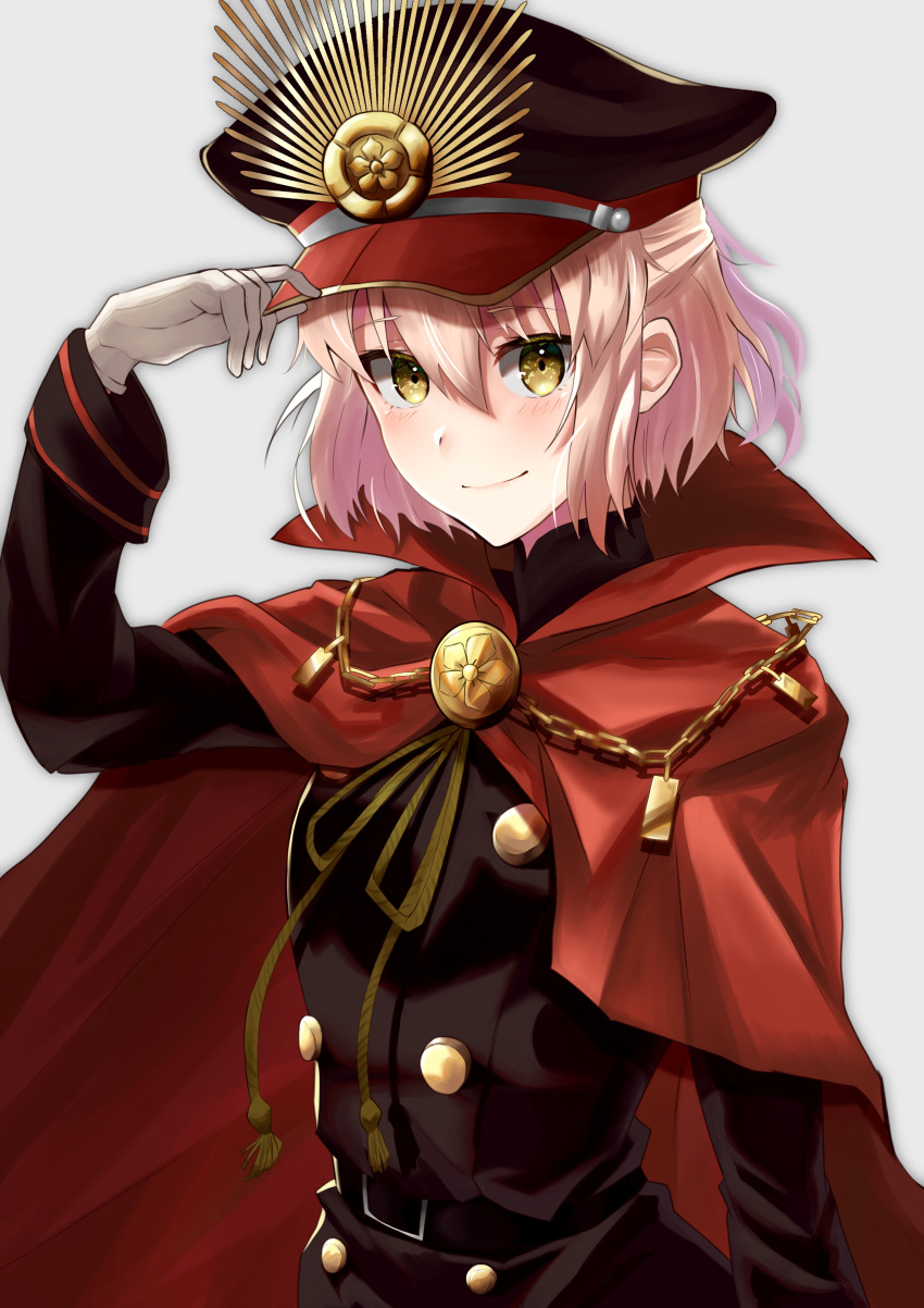 absurdres alternate_costume belt black_belt black_hat black_jacket blonde_hair cape cosplay crest family_crest fate/grand_order fate_(series) female hat highres jacket long_sleeves military military_hat military_uniform nida_keita oda_nobunaga_(fate) oda_nobunaga_(koha-ace) oda_nobunaga_(koha-ace)_(cosplay) oda_uri okita_souji_(fate) okita_souji_(koha-ace) peaked_cap red_cape smile solo uniform upper_body yellow_eyes