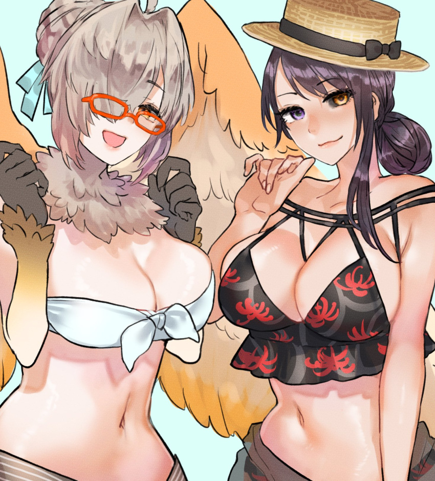 2girls animal_hands babalon_(housamo) bikini black_bikini black_hair black_sclera blue_background boater_hat breasts brown_hair cleavage collarbone colored_sclera feathered_wings feathers floral_print front-tie_bikini_top front-tie_top glasses hair_bun hair_intakes hair_over_one_eye half-harpy hat heterochromia highres large_breasts looking_at_viewer monster_girl multiple_girls navel neck_fur official_alternate_costume open_mouth pale_skin purple_eyes red-framed_eyewear shiratori_yokikana simple_background single_hair_bun single_sidelock smile spider_lily_print swimsuit tokyo_afterschool_summoners upper_body white_bikini white_feathers wings yellow_eyes ziz_(housamo)