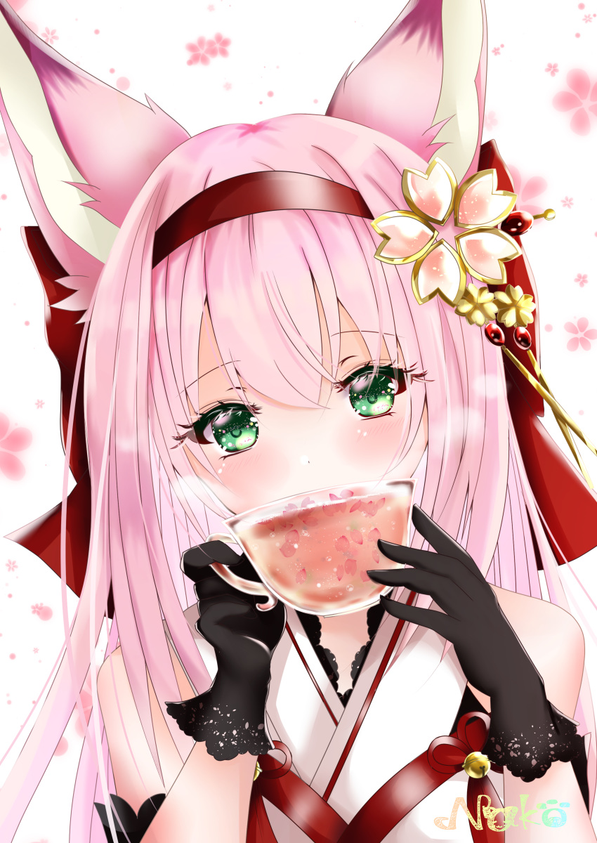 absurdres animal_ears artist_name azur_lane bare_shoulders black_gloves cup female gloves green_eyes hair_between_eyes hair_ornament hairband hanazuki_(azur_lane) highres holding holding_cup japanese_clothes kimono lace-trimmed_gloves lace-trimmed_kimono lace_trim long_hair looking_at_viewer nako_nya pink_hair red_hairband sakuramon simple_background solo tea teacup upper_body