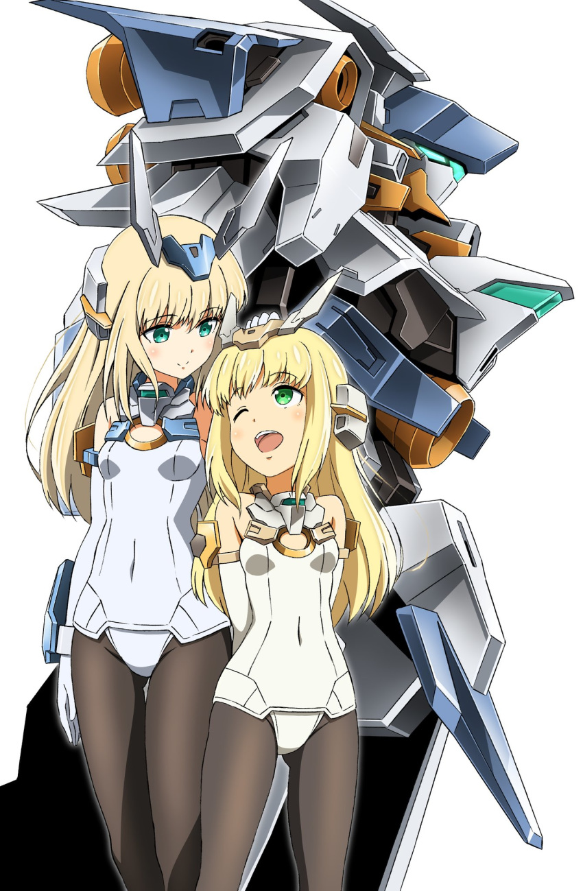 2girls ;d bare_shoulders baselard baselard_(frame_arms) black_legwear blonde_hair breasts commentary_request covered_navel dual_persona elbow_gloves frame_arms frame_arms_girl gloves glowing glowing_eyes green_eyes headgear height_difference highres kumichou_(ef65-1118-ef81-95) leotard long_hair looking_at_another mecha multiple_girls one_eye_closed open_mouth pantyhose robot small_breasts smile white_background white_gloves white_leotard