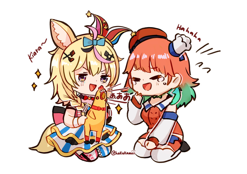 2girls :d absurdres animal_ears asymmetrical_legwear blonde_hair chibi commentary detached_sleeves fox_ears fox_girl fox_tail green_hair hair_ornament hakamii hat highres hololive hololive_english jester_cap laughing long_hair long_sleeves mismatched_legwear multicolored_hair multiple_girls omaru_polka omaru_polka_(1st_costume) open_mouth orange_hair purple_eyes rubber_chicken seiza simple_background sitting smile symbol-only_commentary tail takanashi_kiara takanashi_kiara_(1st_costume) tears twitter_username two-tone_hair virtual_youtuber white_background x_hair_ornament