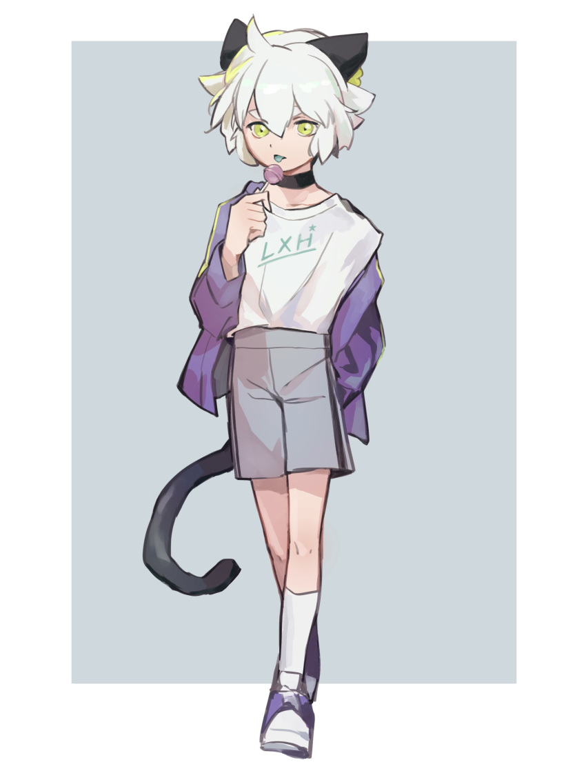 1boy absurdres animal_ears black_choker blue_tongue border candy cat_boy cat_ears cat_tail choker colored_tongue food full_body green_eyes grey_background grey_shorts highres holding holding_candy holding_food jacket lollipop luo_xiaohei luo_xiaohei_(human) luo_xiaohei_zhanji male_focus print_shirt purple_jacket shirt shoes short_hair shorts socks solatky solo tail white_border white_hair white_shirt white_socks