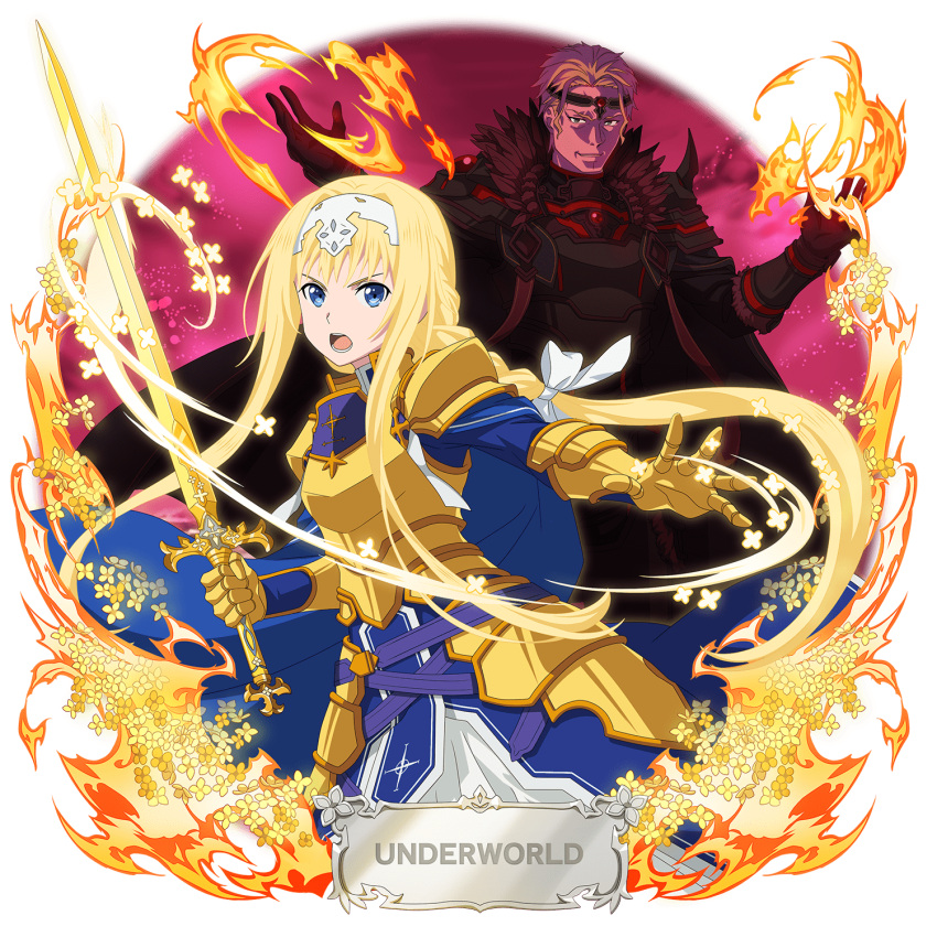 1boy alice_zuberg armor armored_dress black_armor black_cape blonde_hair blue_cape blue_dress blue_eyes bow braid braided_ponytail breastplate brown_hair cape circlet dress element_bending energy faulds female fire floating_hair gabriel_miller gauntlets glowing gold_armor hair_intakes hairband hairbow highres holding holding_sword holding_weapon knight long_hair magic non-web_source official_art open_mouth osmanthus_blade ponytail pyrokinesis shoulder_armor sidelocks single_braid sword sword_art_online sword_art_online:_alicization sword_art_online:_alicization_-_war_of_underworld sword_art_online:_memory_defrag transparent_background unsheathed vecta_(sao) very_long_hair weapon white_bow white_hairband