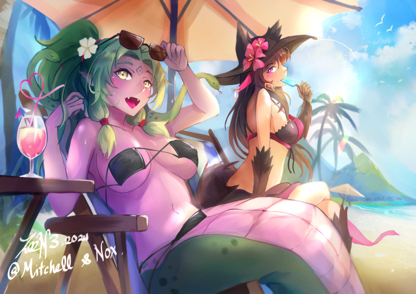 2girls :d absurdres animal_ears anubis_(monster_girl_encyclopedia) bare_arms bare_shoulders beach beach_umbrella bikini bird black_bikini black_hair black_headwear blue_sky body_fur breasts cloud collarbone colored_skin commentary commission cup day drink echidna_(monster_girl_encyclopedia) english_commentary facial_mark flower food forehead_mark green_hair hair_tubes hat hat_flower highres holding holding_food jackal_ears jackal_tail lamia large_breasts long_hair monster_girl monster_girl_encyclopedia multiple_girls navel open_mouth original outdoors palm_tree popsicle purple_eyes purple_skin sand sitting sky smile snake_hair sunlight swimsuit tree umbrella yellow_eyes zee_n3