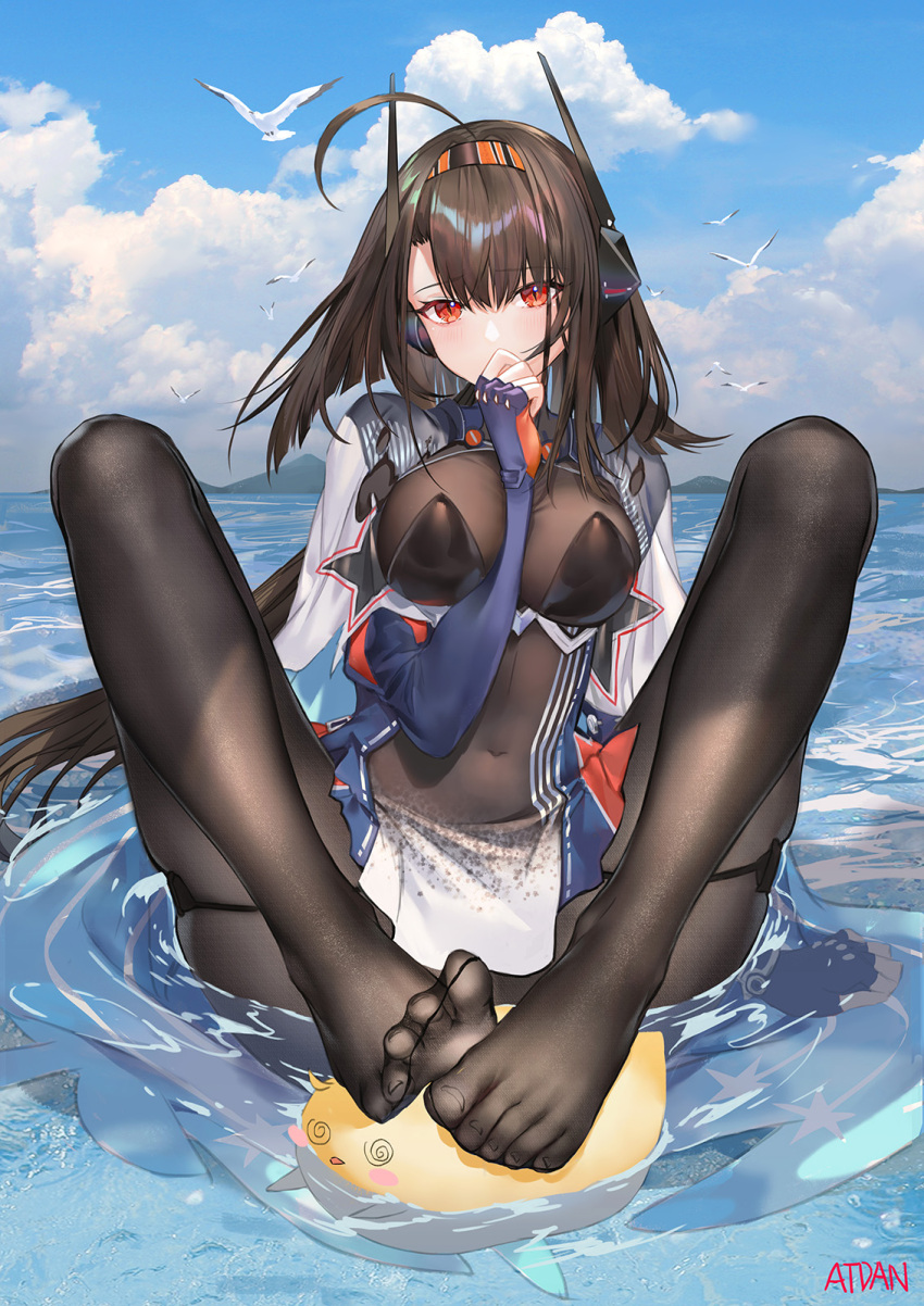 ahoge arm_between_breasts atdan azur_lane between_breasts bird black_legwear blue_sky bodysuit breasts brown_hair capelet chick covered_navel covering_mouth day embarrassed feet female fingerless_gloves frown gloves hairband headgear highres independence_(azur_lane) large_breasts long_hair long_sleeves looking_at_viewer manjuu_(azur_lane) no_shoes outdoors pantyhose red_eyes retrofit_(azur_lane) revision seagull sitting skindentation sky slit_pupils solo toes very_long_hair water