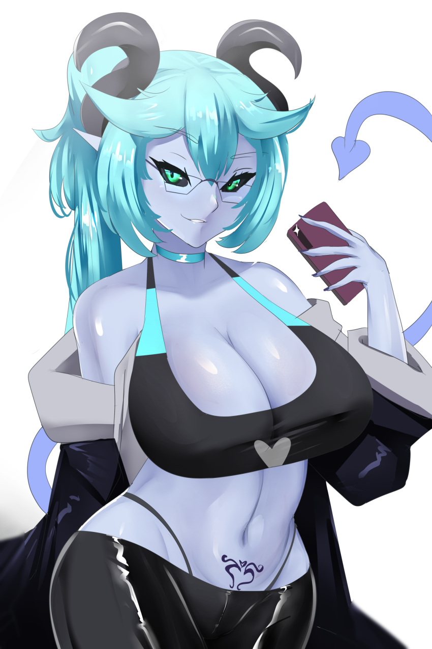 2023 2:3 bedroom_eyes big_breasts breasts cleavage clothed clothing demon digital_media_(artwork) eyelashes eyewear female fingers glasses hi_res holding_object horn humanoid looking_at_viewer narrowed_eyes navel sana!rpg seductive simple_background solo succubus womb_tattoo