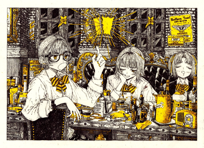 3girls arm_up black-framed_eyewear bottle bow bowtie brick_wall chair closed_eyes collared_shirt drooling glasses highres kitamurashu long_sleeves monochrome mouth_drool multiple_girls one_eye_closed open_mouth original shirt spot_color striped_bow striped_bowtie striped_clothes table white_shirt window yellow_bow yellow_bowtie yellow_eyes