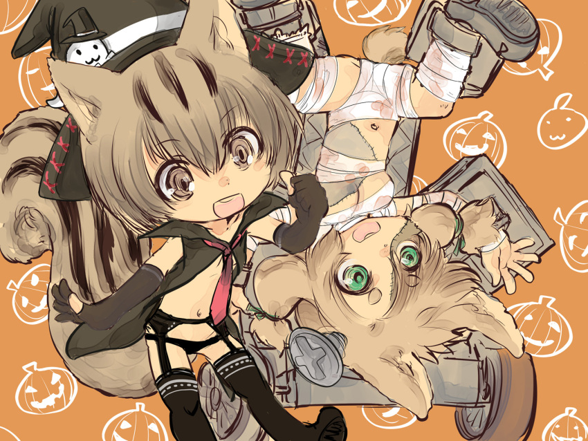 4:3 chipmunk ctog duo female futaba_channel ground_squirrel halloween holidays humanoid lagomorph leporid mammal mummy_costume mummy_wrappings nijiura_maids rabbit risuky-san rodent sciurid short_stack sousai-san witch_costume