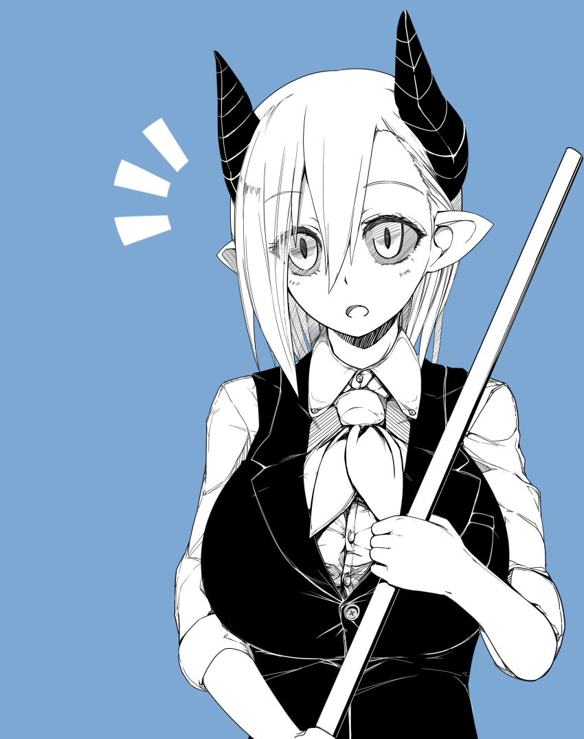 :o absurdres black_horns black_sclera blue_background colored_sclera demon_horns female highres horns irasrgsmk limited_palette looking_at_viewer musuko_ga_kawaikute_shikatanai_mazoku_no_hahaoya overshirt pointy_ears short_hair sleeves_rolled_up surprised teresa_(mazohaha) white_eyes white_hair