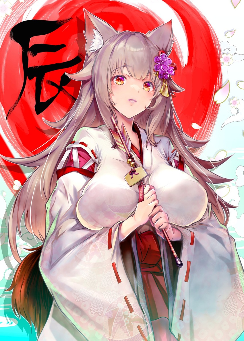 animal_ear_fluff animal_ears breasts brown_eyes female flower hair_flaps hair_flower hair_ornament hakama hakama_skirt highres japanese_clothes kashi kimono large_breasts long_hair long_sleeves miko original red_skirt skirt solo standing white_kimono wide_sleeves