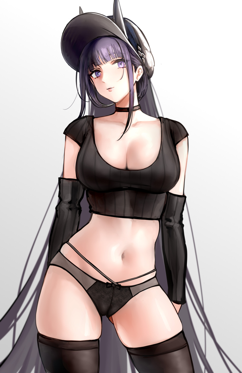 absurdres ass_visible_through_thighs azur_lane black_choker black_hair black_panties black_sleeves black_thighhighs breasts cameltoe choker cl_(summer_sama) cleavage commentary_request cowboy_shot crop_top female grey_background hat highres large_breasts long_hair navel noshiro_(azur_lane) noshiro_(dressed-up_date)_(azur_lane) official_alternate_costume panties purple_eyes simple_background solo stomach thighhighs underwear very_long_hair