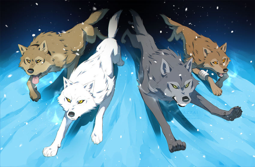 2023 ambiguous_feral ambiguous_gender azzai black_nose bracelet canid canine canis cel_shading claws collar countershading digital_drawing_(artwork) digital_media_(artwork) feet feral fluffy fur grey_body grey_fur group hige_(wolf's_rain) jewelry kiba_(wolf's_rain) male_(lore) mammal open_mouth orange_eyes outside pawpads paws pupils quadruped running shaded slit_pupils snow snowing tail tan_body tan_fur teeth toboe_(wolf's_rain) tongue tongue_out tsume_(wolf's_rain) watermark white_body white_fur wolf wolf's_rain yellow_eyes