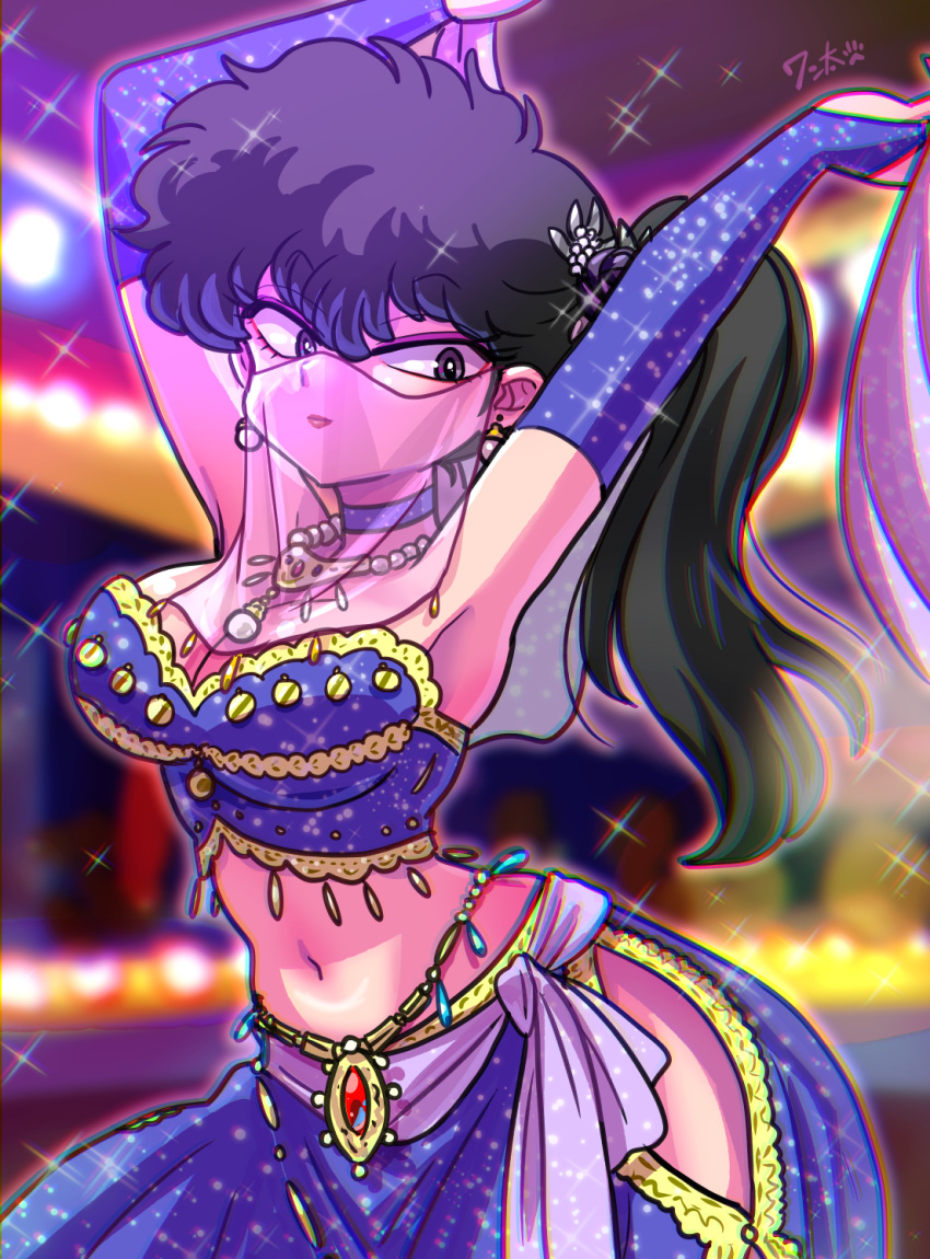 armpit_peek arms_up belly_dancing belt black_hair blurry blurry_background breasts bridal_gauntlets choker cleavage dancer dancing earrings eyeshadow female frilled_bustier gloves gold_belt gold_necklace grey_eyes hair_ornament harem_outfit highres hip_vent jewelry kunou_kodachi large_breasts looking_at_viewer loose_skirt makeup mouth_veil narrow_waist navel necklace pearl_earrings pink_eyeshadow purple_belt purple_bridal_gauntlets purple_bustier purple_choker purple_gloves purple_skirt ranma_1/2 side_ponytail signature silk skirt sparkle sparkle_print veil waist_jewel wanta_(futoshi) wide_hips