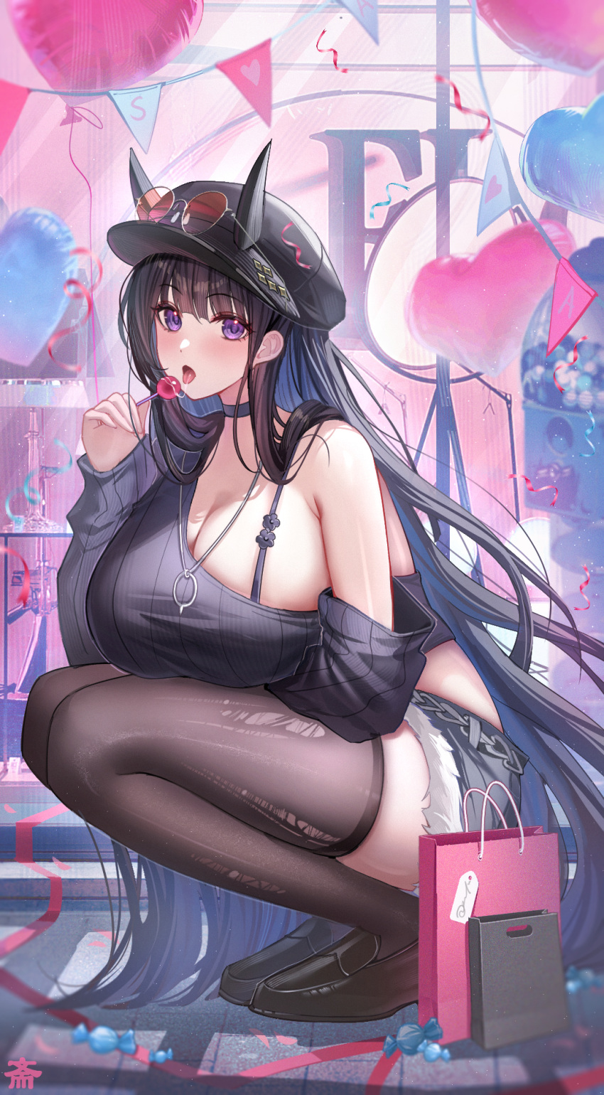 alternate_breast_size arm_warmers azur_lane bag balloon black_arm_warmers black_choker black_footwear black_hair black_hat black_shirt black_thighhighs breasts candy choker cleavage commentary_request detached_sleeves eyewear_on_headwear female food grey_shorts hat heart_balloon highres holding holding_candy holding_food holding_lollipop horns horns_through_headwear huge_breasts lollipop long_hair looking_at_viewer noshiro_(azur_lane) noshiro_(dressed-up_date)_(azur_lane) official_alternate_costume official_alternate_hairstyle open_mouth purple_eyes round_eyewear saliva saliva_trail shirt shopping_bag shorts single-shoulder_shirt single_bare_shoulder single_detached_sleeve solo squatting striped_arm_warmers striped_clothes striped_shirt tansuan_(ensj3875) thick_thighs thighhighs thighs tongue tongue_out torn_clothes torn_thighhighs vertical-striped_clothes vertical-striped_shirt very_long_hair wrapped_candy