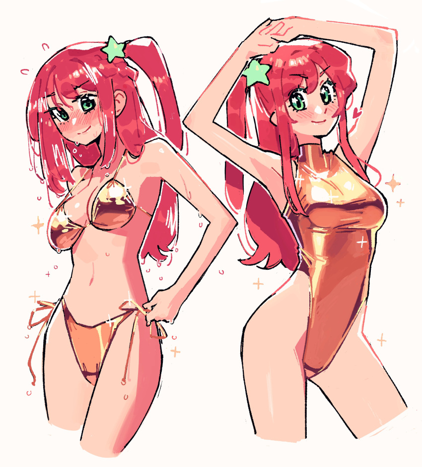 absurdres arms_up bikini breasts cleavage collared_one-piece_swimsuit commentary english_commentary female gold_bikini gold_one-piece_swimsuit green_eyes hair_ornament highleg_one-piece_swimsuit highres kaatokun long_hair looking_at_viewer lyra_(kaatokun) multiple_views navel one-piece_swimsuit original red_hair side-tie_bikini_bottom side_ponytail sidelocks simple_background sparkle standing star_(symbol) star_hair_ornament swimsuit water_drop wet white_background