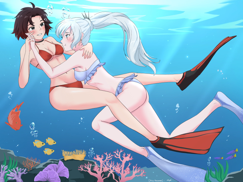 2girls :t aauugghh_garrison absurdres bikini black_choker black_hair blue_eyes blush breasts bubble choker colored_tips commission coral earrings english_commentary fish flippers full_body grey_eyes grin highres holding_hands interlocked_fingers jewelry medium_breasts multicolored_hair multiple_girls navel pixiv_commission ponytail red_bikini red_hair ruby_rose rwby scar scar_across_eye scar_on_face smile swimming swimsuit thighs underwater water weiss_schnee white_bikini white_hair yuri