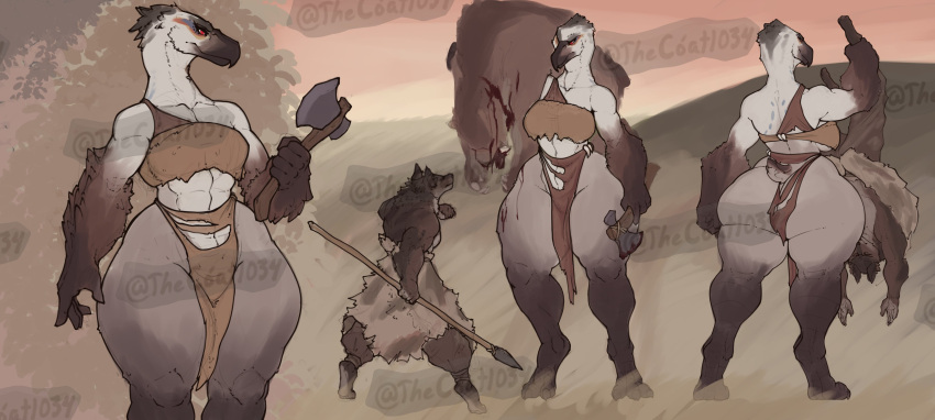 abs absurd_res anthro avian axe beak bird breasts cariamiform distracting_watermark female hi_res larger_female male muscular muscular_female red_eyes size_difference solo tail terror_bird thecoatl034 tribal watermark wide_hips