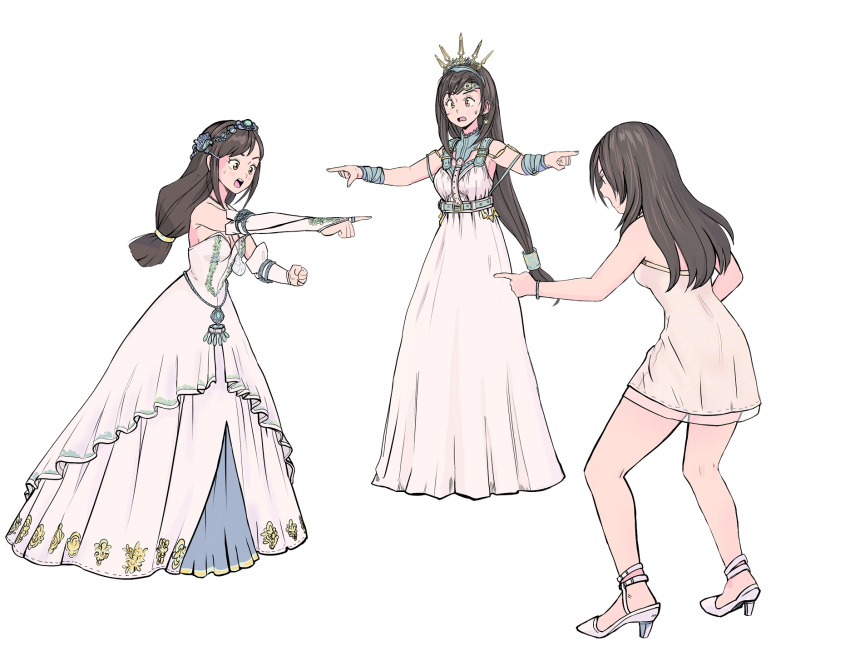 3girls black_hair bridal_gauntlets brown_hair commentary dress english_commentary final_fantasy final_fantasy_ix final_fantasy_vii final_fantasy_vii_rebirth final_fantasy_vii_remake final_fantasy_viii garnet_til_alexandros_xvii high_heels highres hugo_artist in-franchise_crossover long_dress long_hair low-tied_long_hair meme multicolored_hair multiple_girls official_alternate_costume open_mouth pointing pointing_spider-man_(meme) princess_rosa_costume rinoa_heartilly short_dress streaked_hair sweatdrop tiara tifa_lockhart tifa_lockhart_(loveless_dress) trait_connection white_dress