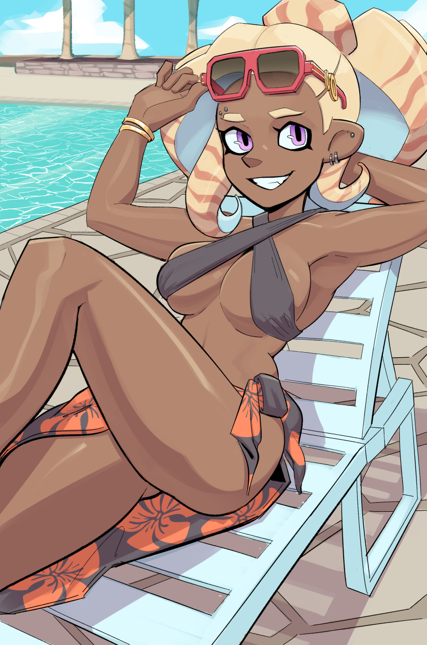 absurdres arm_behind_head beach_chair bikini black_bikini black_slingshot_swimsuit blonde_hair bracelet breasts brown_hair commentary commission critatonic dark-skinned_female dark_skin ear_piercing earrings english_commentary eyebrow_piercing eyewear_lift female floral_print grin highres jewelry large_breasts multicolored_hair multiple_earrings octoling octoling_girl octoling_player_character piercing pool poolside purple_eyes red-framed_eyewear side-tie_skirt slingshot_swimsuit smile solo splatoon_(series) sunglasses swimsuit tentacle_hair two-tone_hair