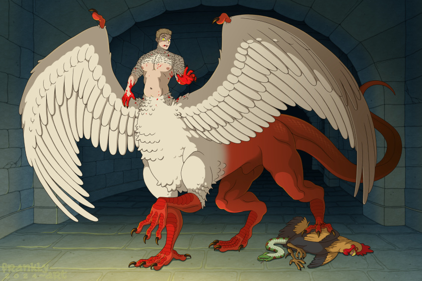 3:2 avian belly bird blonde_hair blood blood_on_face blood_on_hand bodily_fluids captured chicken chimera_(delicious_in_dungeon) chimera_taur claws death delicious_in_dungeon dragon dragon_taur feathered_wings feathers feral frankly-art galliform gallus_(genus) glowing glowing_eyes group hair hi_res human_torso humanoid humanoid_taur implied_transformation laios_touden looking_at_viewer male muscular muscular_male muscular_taur mythological_basilisk mythological_creature mythological_scalie mythological_taur mythology navel nipples opposable_thumbs pecs phasianid reptile reptile_taur scalie scalie_taur slightly_chubby snake tail taur trio wings