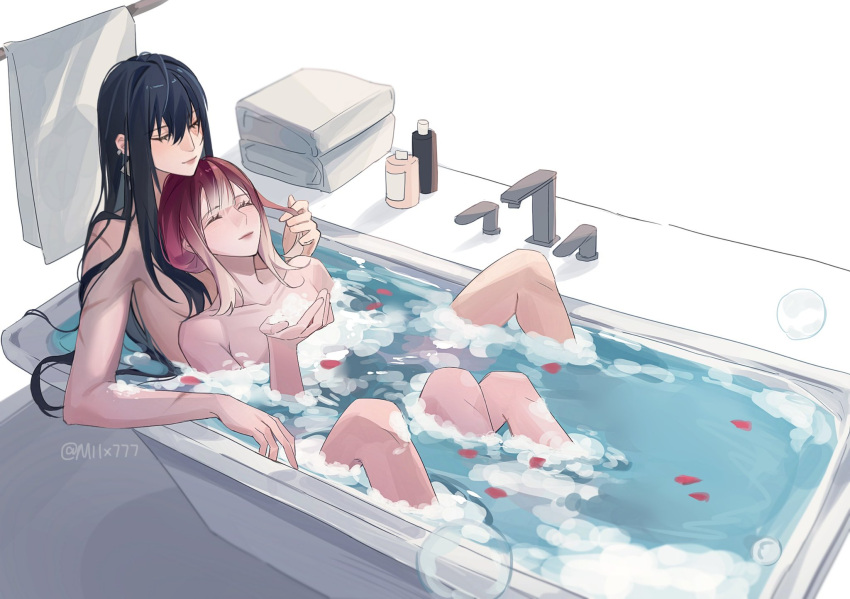 2girls bathing black_hair blush bubble closed_eyes closed_mouth collarbone commentary couple earclip gradient_hair highres long_hair miix777 multicolored_hair multiple_girls nude path_to_nowhere rahu_(path_to_nowhere) red_hair same-sex_bathing shalom_(path_to_nowhere) shared_bathing sidelocks symbol-only_commentary towel twitter_username white_hair yuri