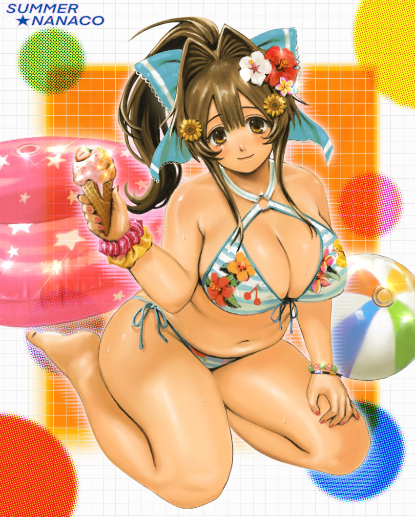 aqua_bow ball bare_legs bare_shoulders barefoot beachball bikini blush bow breasts brown_eyes brown_hair character_name cleavage female flower food front-tie_bikini_top front-tie_top hair_flower hair_ornament hairbow halftone highres holding holding_food hott0g111 ice_cream_cone innertube large_breasts long_hair looking_at_viewer nanaco_(hott0g111) navel o-ring o-ring_top original plump ponytail print_bikini red_flower side-tie_bikini_bottom smile solo swim_ring swimsuit white_flower yellow_flower