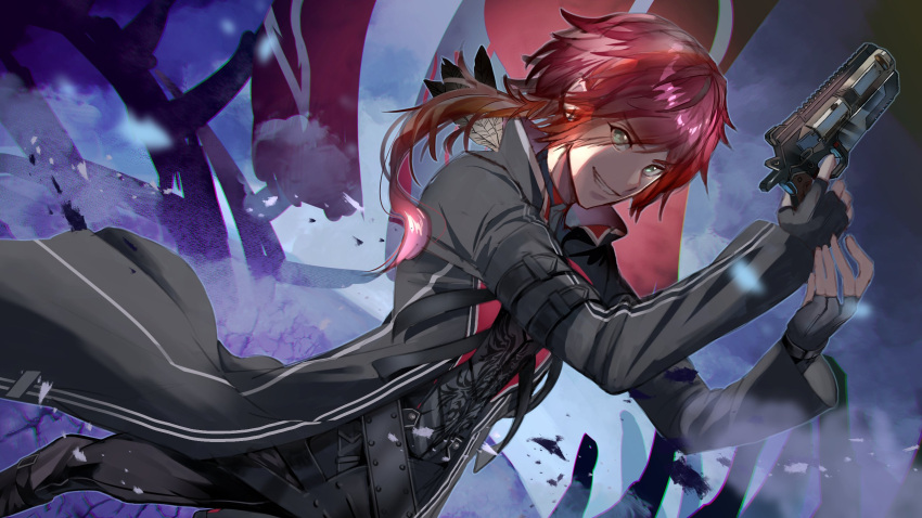 1boy apex_legends b3_wingman black_shirt flag from_side green_eyes gun handgun highres holding holding_gun holding_weapon lauren_iroas lauren_iroas_(1st_costume) looking_at_viewer male_focus nijisanji parted_lips ponytail protected_link red_hair revolver shirt smile solo virtual_youtuber weapon zgpwlm