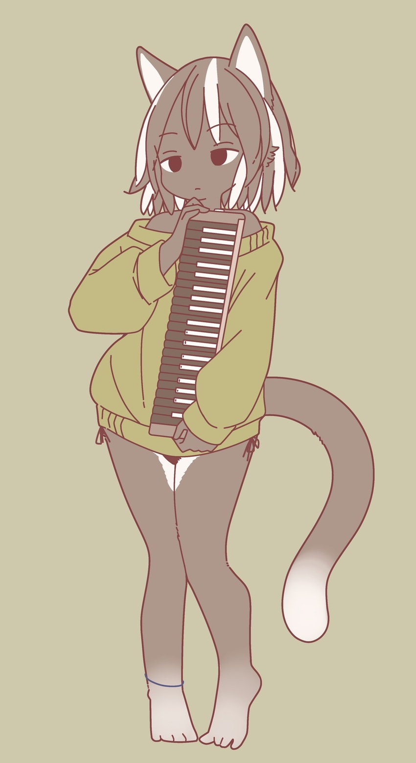 4_toes anklet anthro barefoot black_body black_fur black_hair clothed clothing domestic_cat feet felid feline felis female female_anthro fur hair half-closed_eyes hi_res holding_musical_instrument holding_object jewelry kemono keyboard_instrument mammal mikeyama multicolored_hair musical_instrument musical_keyboard narrowed_eyes off_shoulder panties side-tie_panties simple_background solo spread_toes standing sweater toes topwear two_tone_hair underwear white_hair