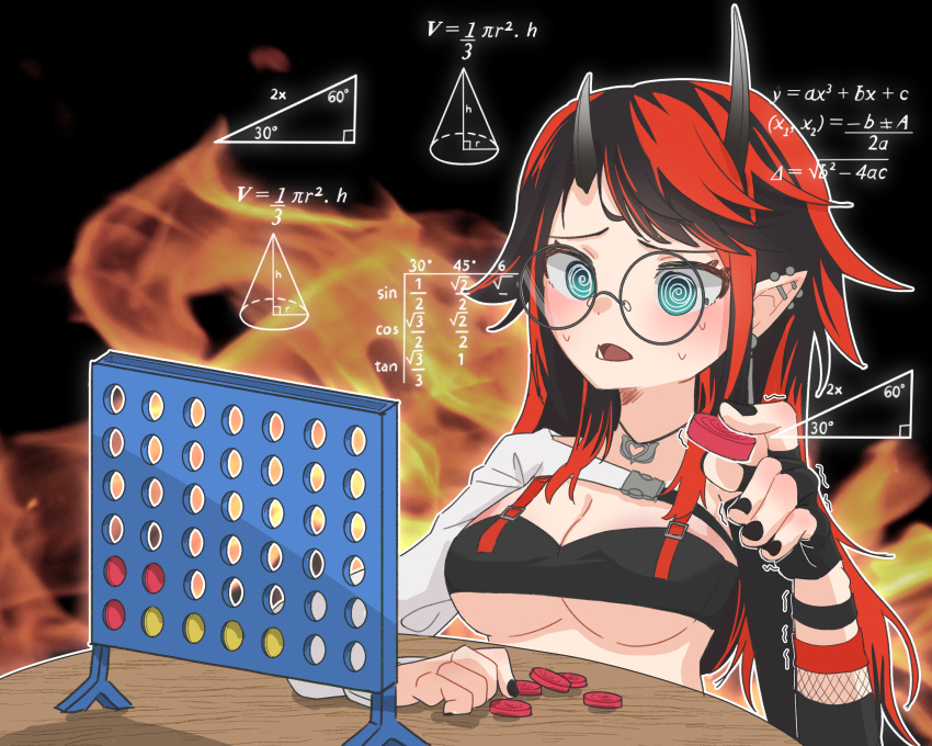 @_@ absurdres bikini black-framed_eyewear black_bikini black_gloves black_hair blue_eyes blush breasts brontidepng cleavage connect_four demon_girl demon_horns ear_piercing female fingerless_gloves fire geometry glasses gloves heart heart_necklace highres horns jacket jewelry large_breasts long_hair math math_lady_(meme) meme multicolored_hair nanashi_inc. necklace official_alternate_costume open_mouth piercing pointy_ears red_hair round_eyewear ryugasaki_rene ryugasaki_rene_(2nd_costume) shrug_(clothing) single_glove single_sleeve solo sugar_lyric swimsuit table two-tone_hair underboob upper_body virtual_youtuber white_jacket wristband