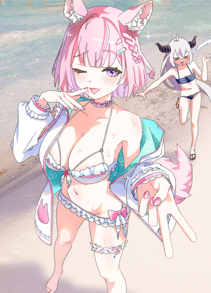 2girls absurdres beach bikini black_bikini breasts choker demon_girl demon_horns flower_collar green_hood grey_hair gurumie hakui_koyori hakui_koyori_(summer) heart_bikini highres hololive horns la+_darknesss large_breasts long_hair looking_at_viewer multicolored_hair multiple_girls pink_nails pointy_ears purple_hair splashing streaked_hair striped_horns swimsuit two-tone_choker v very_long_hair virtual_youtuber wet white_choker wolf_cutout wolf_girl