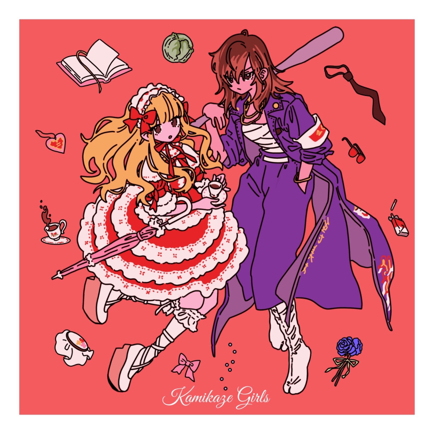 2girls armband baseball_bat blonde_hair bracelet brown_eyes brown_hair copyright_name cup frills hairband hand_in_pocket highres holding holding_cup jacket jewelry lolita_fashion lolita_hairband long_hair long_jacket multicolored_hair multiple_girls over_shoulder pants parasol pink_background platform_footwear ryo00123 ryuugasaki_momoko sarashi shimotsuma_monogatari shirayuri_ichigo streaked_hair teacup umbrella