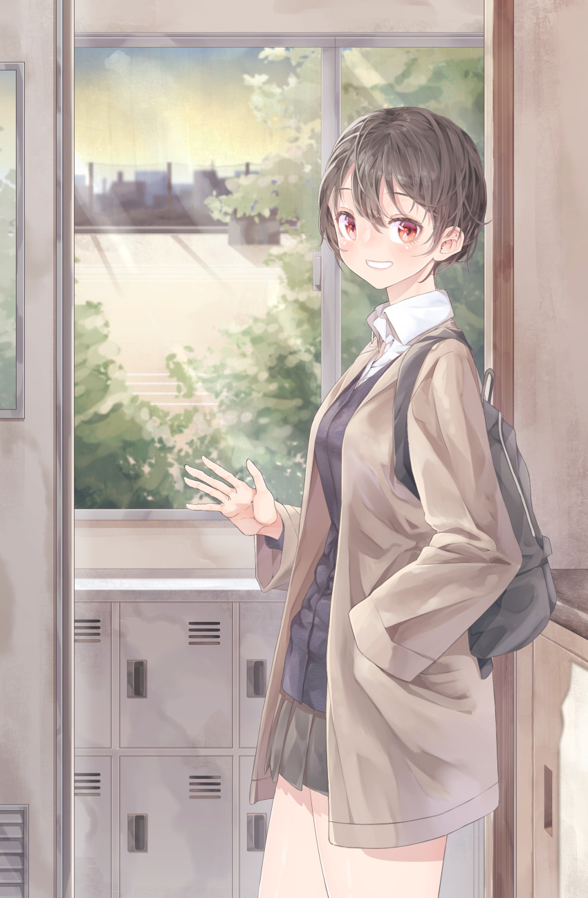 12_graka absurdres backpack bag black_hair black_skirt brown_coat classroom coat commentary day female grin hand_in_pocket highres locker long_neck original red_eyes school_uniform short_hair skirt smile solo standing uniform window