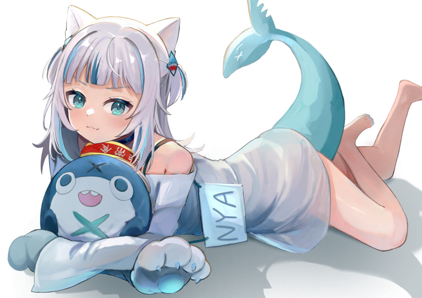 :3 absurdres alternate_costume animal_ears animal_hands barefoot black_bra bloop_(gawr_gura) blue_choker blue_eyes blue_hair blue_nails bra bra_strap cat_ears cat_paws choker female fins fish_tail gawr_gura hair_ornament highres hololive hololive_english legs looking_at_viewer lying medium_hair multicolored_hair nail_polish oerba_yun_fang on_stomach samezukipng shark_hair_ornament shark_tail shirt smile solo streaked_hair tail toenail_polish toenails toes two_side_up underwear virtual_youtuber white_hair white_shirt