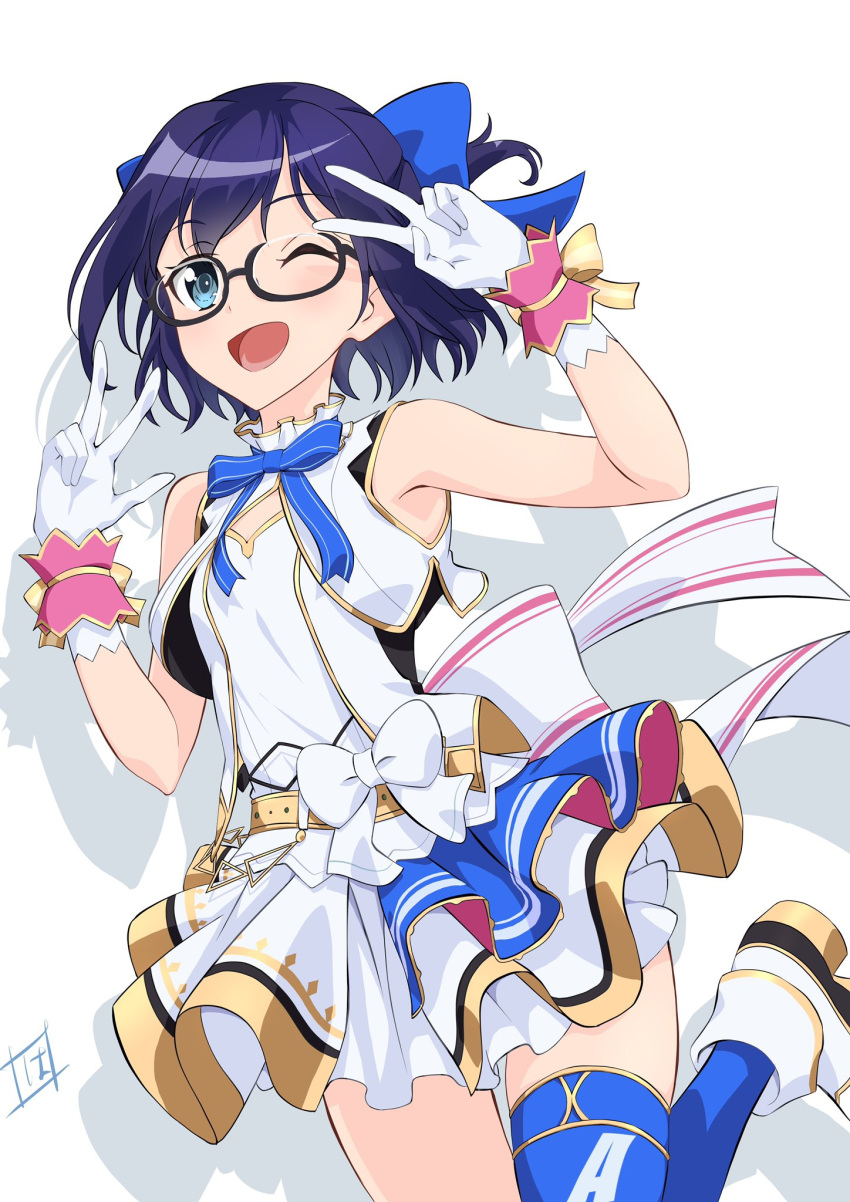 a-chan_(hololive) alternate_costume armpits bare_shoulders black-framed_eyewear blue_eyes blue_hair blue_thighhighs bow bowtie breasts commentary_request female glasses gloves hashiguchi_hayato highres hololive hololive_idol_uniform idol_clothes nonstop_story one_eye_closed open_mouth shadow signature single_thighhigh small_breasts solo thighhighs tongue v virtual_youtuber w white_background white_gloves