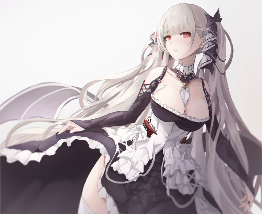 azur_lane bow breasts cleavage commentary_request dress earrings female formidable_(azur_lane) hair_ribbon hairbow highres jewelry lielac long_hair looking_at_viewer photoshop_(medium) red_eyes ribbon simple_background solo white_background white_hair