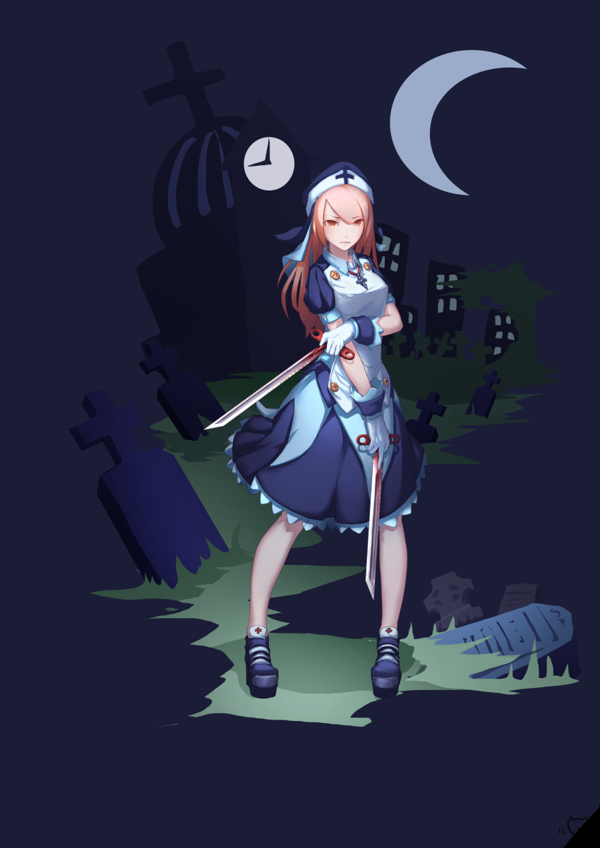 absurdres atk7 bad_id bad_pixiv_id bare_legs blade building clock closed_mouth commentary cross cross_necklace dress dual_wielding female frills gloves grass highres holding holding_weapon jewelry moon necklace orange_eyes orange_hair original photoshop_(medium) puffy_sleeves solo standing tombstone weapon white_gloves