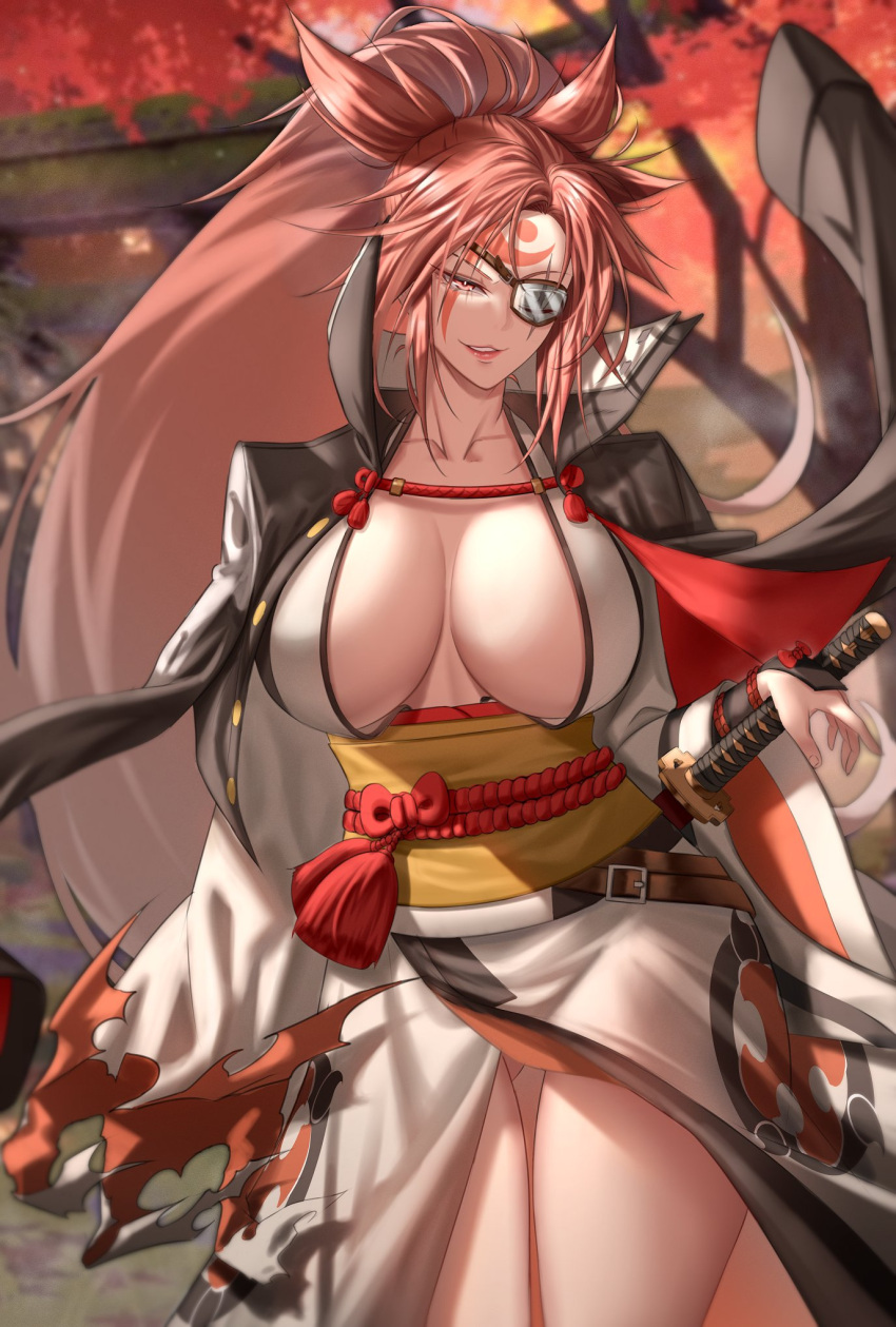 anima_(togashi) baiken blurry blurry_background branch breasts coat coat_on_shoulders collarbone commentary_request facial_mark facial_tattoo female forehead_mark guilty_gear highres japanese_clothes kataginu katana kimono large_breasts lips long_hair long_sleeves obi parted_lips pink_hair red_eyes samurai sash scar scar_across_eye simple_background smile solo sword tattoo tied_hair torn_clothes tree weapon wide_sleeves