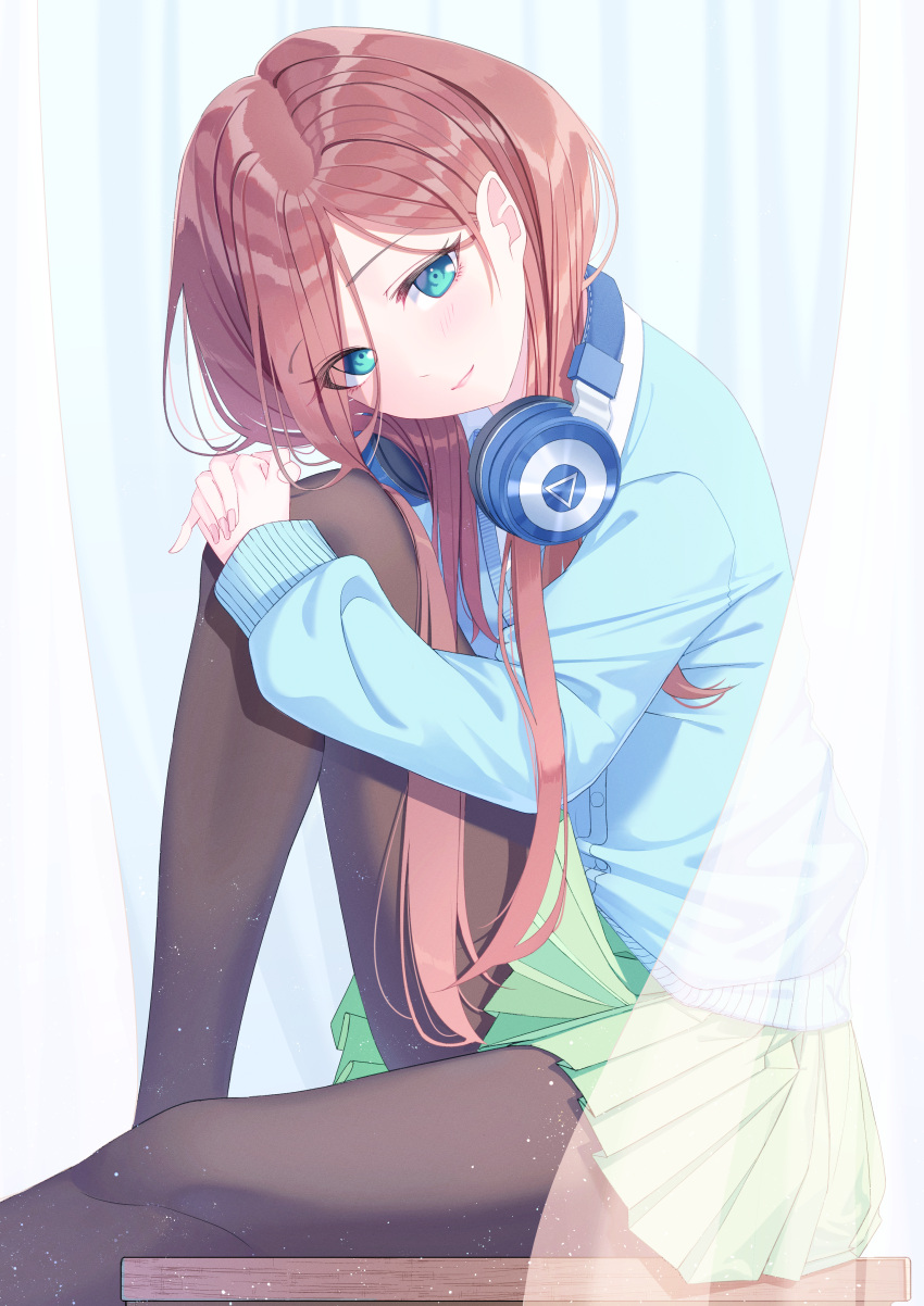 absurdres black_pantyhose blue_cardigan blue_eyes brown_hair cardigan female friend0426 go-toubun_no_hanayome green_skirt hair_over_shoulder headphones headphones_around_neck highres long_hair long_sleeves looking_at_viewer miniskirt nakano_miku pantyhose pleated_skirt school_uniform sitting skirt solo very_long_hair