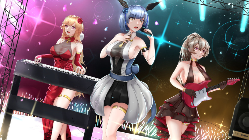 3girls absurdres alternate_costume azur_lane backless_dress backless_outfit bare_shoulders black_dress blonde_hair blue_flower blue_hair blue_rose breasts bridal_gauntlets brown_gloves brown_hair center_opening cleavage closed_mouth collarbone collared_dress commentary_request concert cross cross-shaped_pupils cross_necklace dress flower gascogne_(azur_lane) gloves glowstick gold_bracelet gold_choker guitar hair_flower hair_ornament high-low_skirt high-waist_sideboob highres holding holding_instrument holding_microphone huge_bow idol instrument jean_bart_(azur_lane) jean_bart_(uninhibited_bloodstone)_(azur_lane) jewelry keyboard_(instrument) large_breasts light_smile linea_alba medium_breasts microphone multicolored_hair multiple_girls musanix necklace official_alternate_costume open_mouth red_bridal_gauntlets red_dress red_flower red_rose richelieu_(azur_lane) rose see-through see-through_dress sideboob skindentation sleeveless sleeveless_dress spotlight stage stage_lights standing streaked_hair symbol-shaped_pupils thighlet thighs truss white_dress