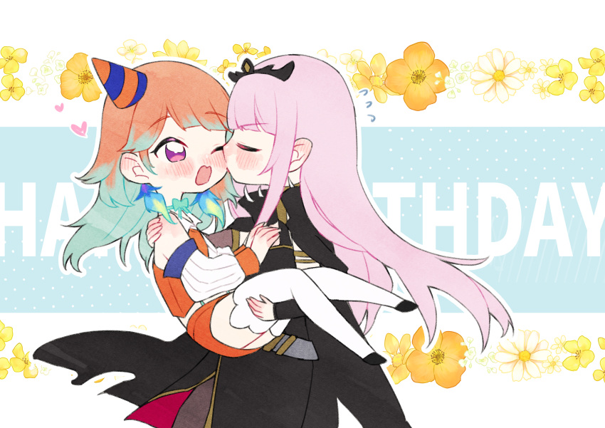 2girls absurdres birthday blush bow_choker carrying closed_eyes commentary_request couple earrings english_text feather_earrings feathers gradient_hair happy_birthday hat highres hololive hololive_english jewelry long_hair mori_calliope mori_calliope_(1st_costume) multicolored_hair multiple_girls neru_(flareuptf1) orange_hair party_hat pink_hair princess_carry purple_eyes shoulder_spikes spikes takanashi_kiara takanashi_kiara_(1st_costume) tiara veil virtual_youtuber yuri